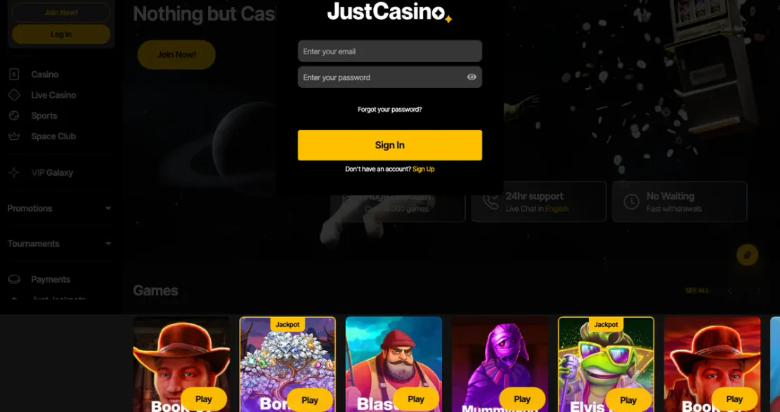 Casino-Lobby von justcasino.com: Slots auf der Startseite