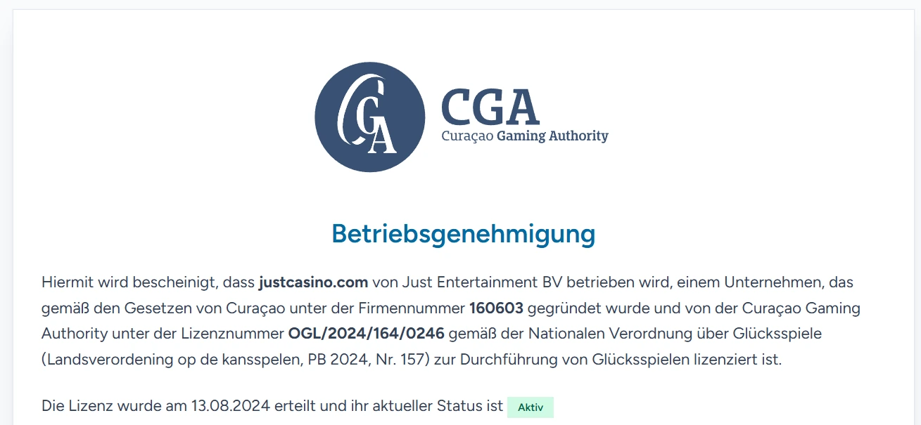 JustCasino Casino Curaçao Lizenz und Betriebsgenehmigung der CGA