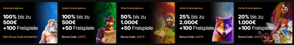 JustCasino Casino Einzahlungsbonus mit mehreren Stufen und Freispiele Angeboten