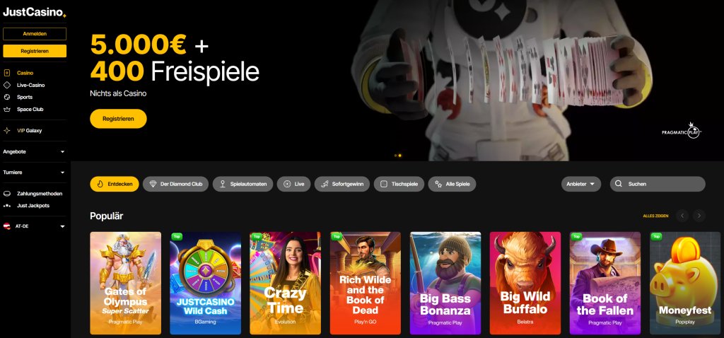 JustCasino Casino Homepage mit 5000€ Bonus, Freispiele und Spiele Lobby