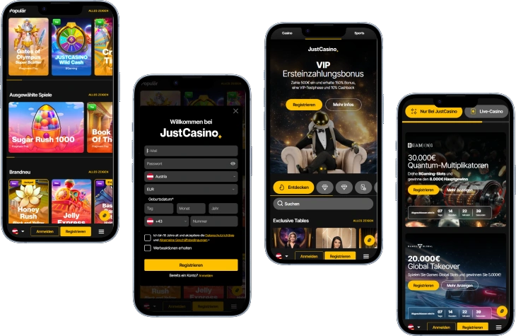 JustCasino Casino mobile Ansicht mit Spielen, Registrierung und Bonus Angeboten