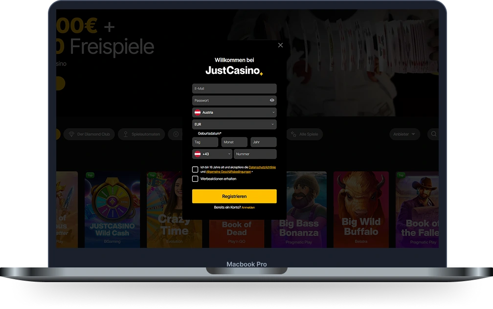JustCasino Casino Registrierungsformular auf Laptop mit Konto Erstellung
