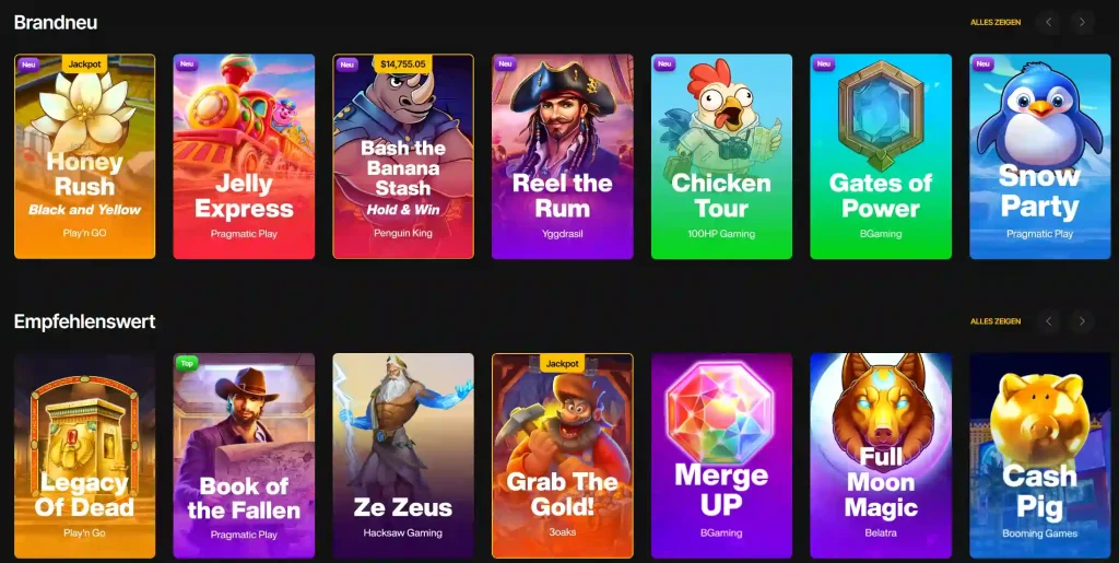 JustCasino Casino neue und empfohlene Slot Spiele Auswahl in der Lobby