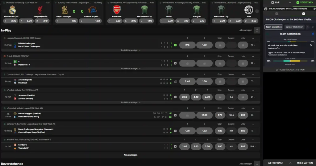 JustCasino Casino Sportwetten Bereich mit Live In Play Spielen und Statistiken