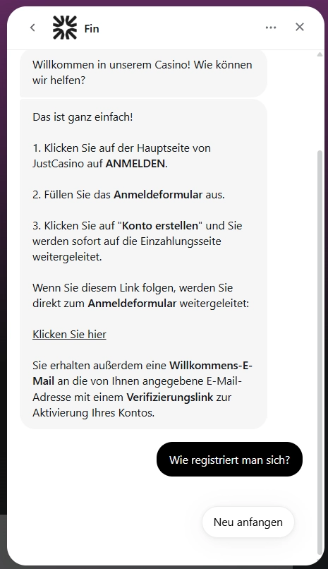 JustCasino Casino Live Chat Support mit Anleitung zur Registrierung